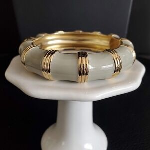 J Crew‎ Bamboo Gray Enamel Gold Tone Bangle Bracelet Women